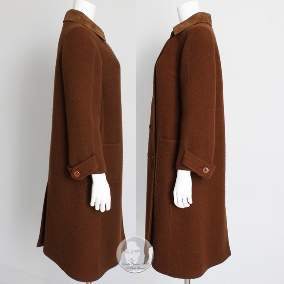 Hermes Brown Double Breasted Suede Leather Trim Trench Style Wool Coat, 1970s - Picture 8 of 11